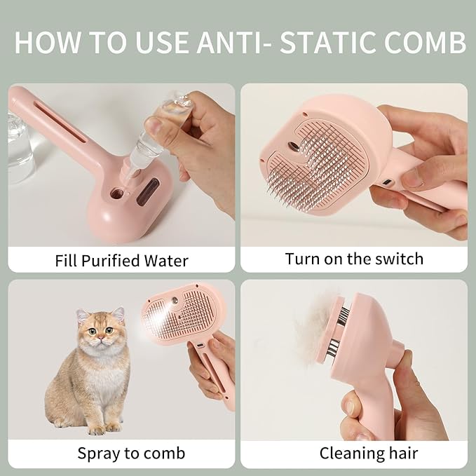 Cat Steam Brush for Long Haired Cats, Dog Brush for Shedding Pet Grooming, Self Cleaning Hair Removal Comb, Pink