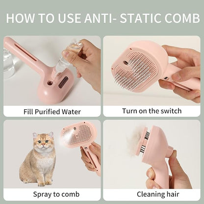 Cat Steam Brush for Long Haired Cats, Dog Brush for Shedding Pet Grooming, Self Cleaning Hair Removal Comb, Pink