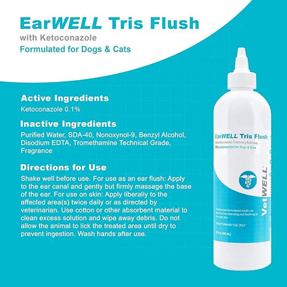VetWELL Dog Ear Cleaner Solution & Infection Treatment for Dogs & Cats, Tris Otic Cleanser Drops Helps Eliminate Odor and Relieve Infections - 12oz (Pack of 2)