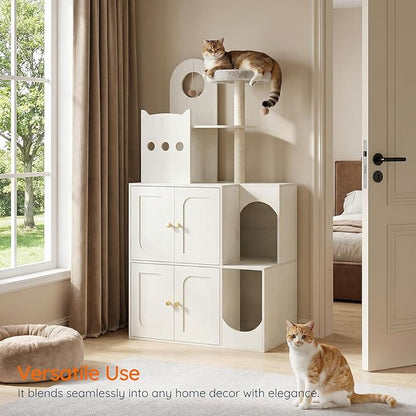 HOOBRO Cat Litter Box Enclosure Furniture for 2 Cats, 2 in 1 Hidden Litter Box Furniture with Sisal Scratching Posts and Dangling Balls, Double Litter Box Cabinet with Cat Tree, Indoor Cat House White
