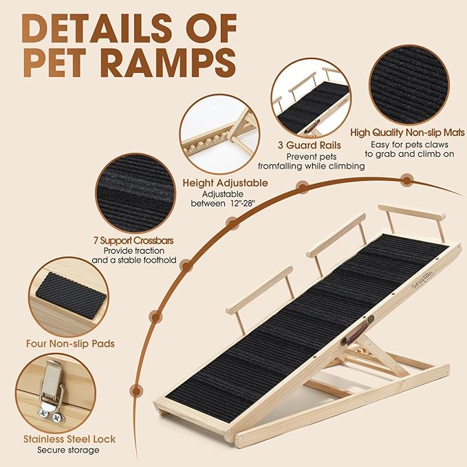 Dog Ramp for Bed - 52.9" Long Adjustable 12" to 28" Wooden Pet Ramp for Small Large Older Dogs - Dog Ramps for High Beds Couch Car - Dog Steps with High Traction Mat & Safety Side Rails Up to 250LB