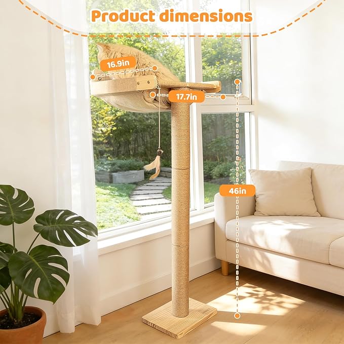 46" Cat Window Perch with 3 Adjustable Sisal Scratching Posts, Drill-Free Suction Cups, Multi-Level Climbing Perch for Bird Watching & Play, 45 lbs Capacity