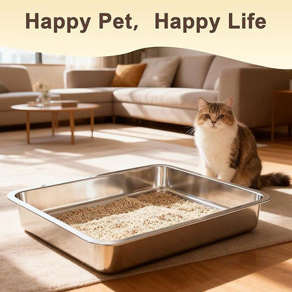 Low Entry Stainless Steel Cat Litter Box for Senior Cats, Large Metal Kitten Shallow Litter Box, Easy Access Kitty Litter Tray-19.68'' Lx 13.78'' W x 2.76'' H