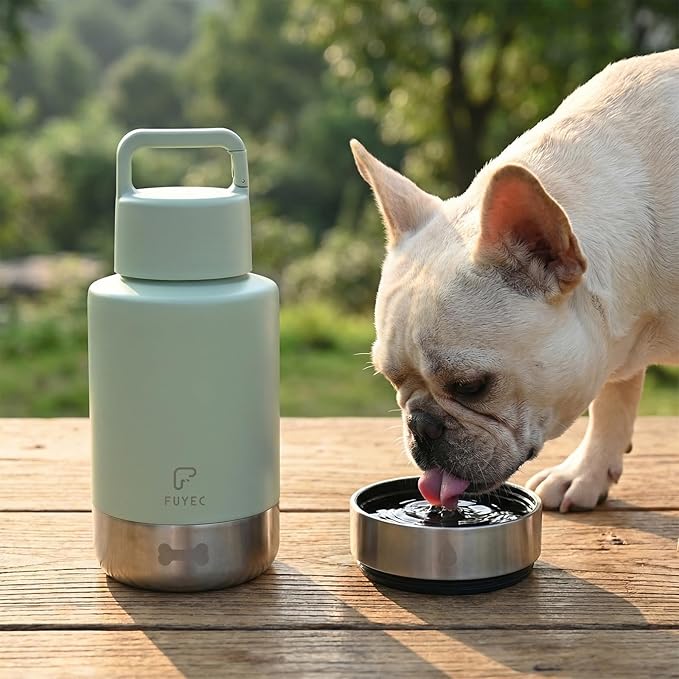 32oz Insulated Dog Water Bottle Dispenser, 3-in-1 Stainless Steel Travel Cup with 2 Detachable Food and Water Bowls, Leak Proof Large Pet Gear, Ideal Gift for Dog Lovers