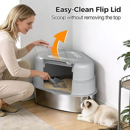 XXL Stainless Steel Corner Cat Litter Box with Lid - Sturdy, No Odor & Space-Saving Hidden Design for Large Cats, Grey