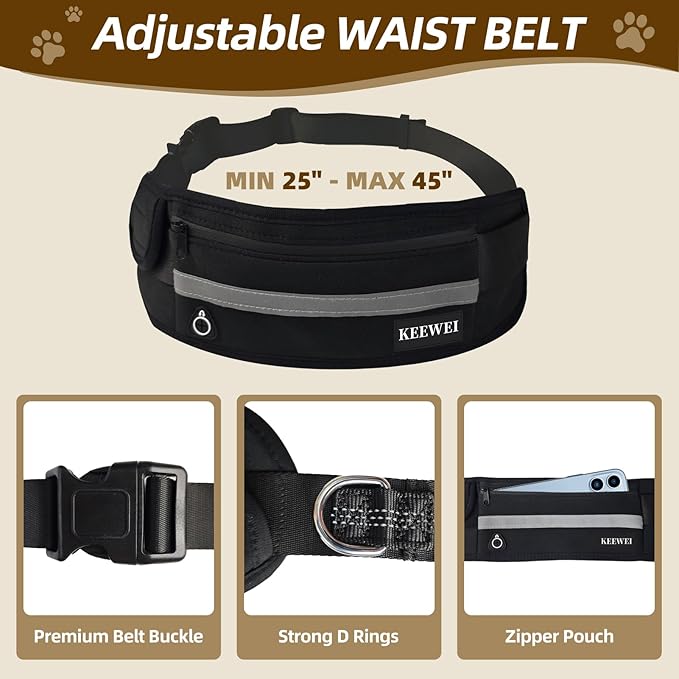 Hands Free Dog Leash with Zipper Pouch, Dual Padded Handle Waist Belt, Retractable Bungee Leash with Reflective Stictches for Small & Medium Dog Running Walking Jogging Training, Black