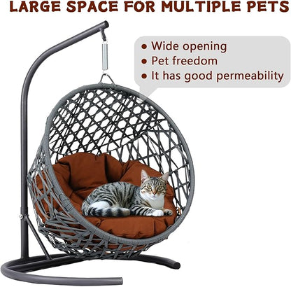 Anwick Cat Swing Bed with Stand & Cushion Indoor Outdoor, Egg Chair with Rattan Wicker Appearance, Indoor Hanging Swinging Hammocks for Cat, Dogs, and Small Animals Bedroom Porch (Brown-2)