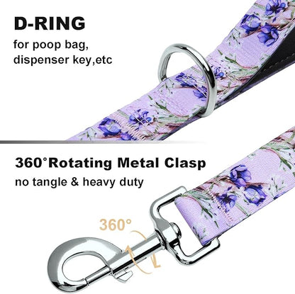 Double Handle Dog Leash 5ft with 2 Padded Handles, Cute Purple Dog Leash with Soft Dual Handle, Walking Training Lead for Small Medium Large Dogs, Lavender Lily