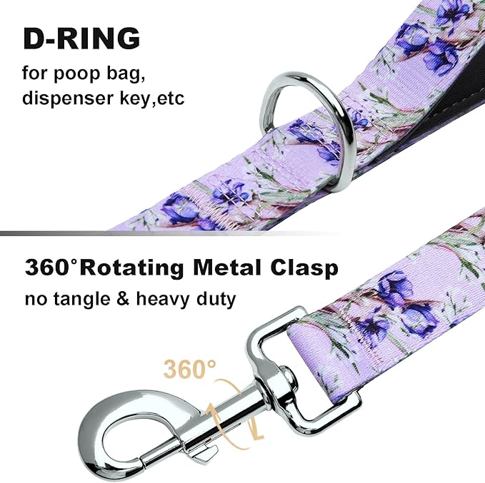 Dog Leash for Small Dogs, 5ft Dog Lead with Padded Handle, Cute Purple Dog Leash for Walking, Lavender Lily