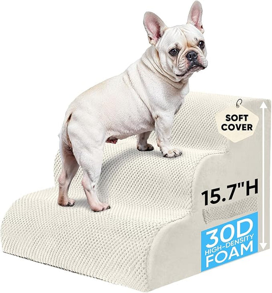 PAWSCART Pet Stairs for Dogs 3-Step, 15.7" H Pet Stairs for High Bed, Couch Sofa & Chair, 30D Material Soft Foam Dog Steps with Non-Slip Bottom Surface Removable Washable Cover, Beige