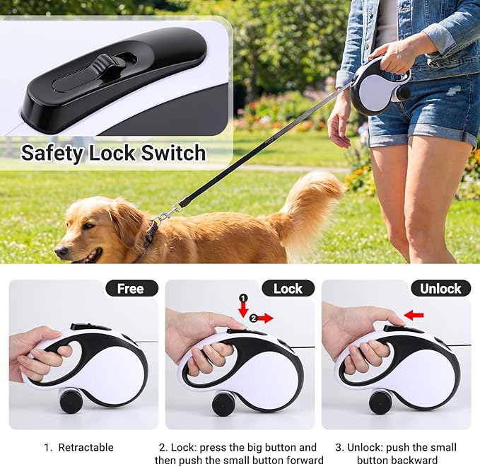 Segarty 16 Ft 360°Tangle-Free Leash with Detachable Poop Bag Holder, Retractable Lead for Dogs up to 66 lbs, 5m Long Walking Leash for Pets Outside with Anti-Slip Handle & One-Handed Brake Pause Lock