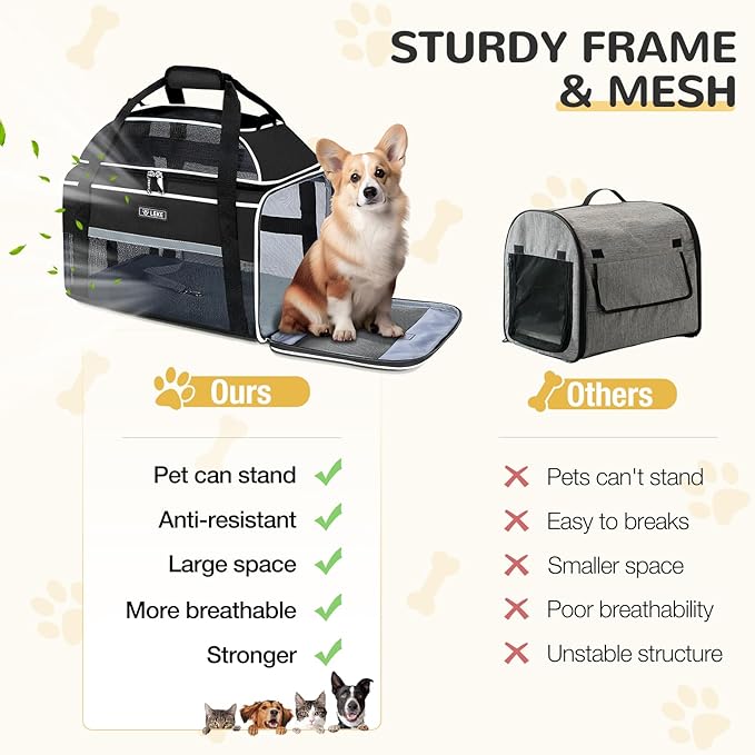 Lekereise Top-Expandable Pet Carrier 18x11x11Inch Delta American United Airline Approved Soft Sided Underseat to 15lbs Travel Carriers for Small Dogs Cats with Locking Safety Zippers Anti-Scratch Mesh