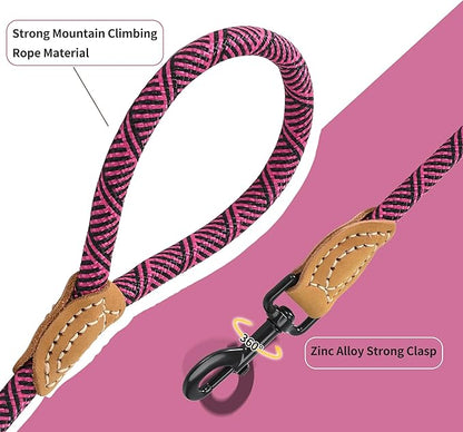 Mile High Life Rope Leash with Genuine Leather Connection, 6 FT/5 FT/4 FT, Heavy Duty Leash for Medium & Large Dogs (Hot Pink, 60 Inch)