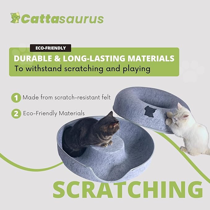 Cattasaurus Peekaboo Cat Cave Donut for Multiple & Large Cats up to 30-45 lbs, 3-in-1 Self Warming Cat Bed, Tunnel & Scratcher for Indoor Cats, Washable & Detachable (Light Gray + Dark Gray, Large)