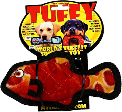 TUFFY - World's Tuffest Soft Dog Toy - Ocean Junior Fish - Red - Squeakers - Multiple Layers. Made Durable, Strong & Tough. Interactive Play (Tug, Toss & Fetch).Machine Washable & Floats