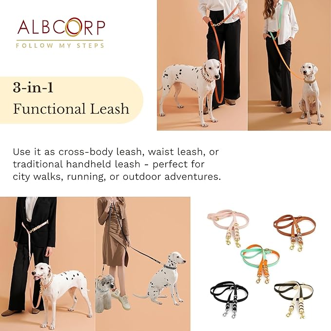 Albcorp Braided Hands-Free Dog Leash – Small & Medium Sizes, 7.2 ft Long – PVC Coated, Adjustable for Cross-Body, Waist, or Handheld Use – Waterproof, Customizable & Durable. Brown, Medium