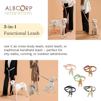 Albcorp Braided Hands-Free Dog Leash – Small & Medium Sizes, 7.2 ft Long – PVC Coated, Adjustable for Cross-Body, Waist, or Handheld Use – Waterproof, Customizable & Durable. Cream/Green, Medium