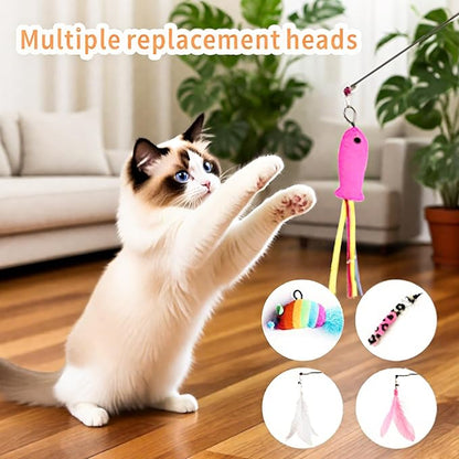 Interactive Cat Wand Toys, 7PCS Fishing Pole Cats Feathers Toy Replacements,Enhanced Suction Cup Cats Wand Toy, 2Types Door Hanging Cat String Toys for Indoor Kittens