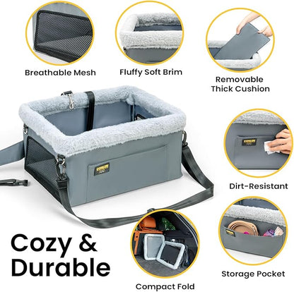 Conlun Dog Car Seat Booster for Small Pet Under 20lbs, Portable Travel Puppy Car Seat with Internal Steel Frame, Comfort Cushion & Storage Pockets, Adjustable Straps Fit Most Cars, Grey
