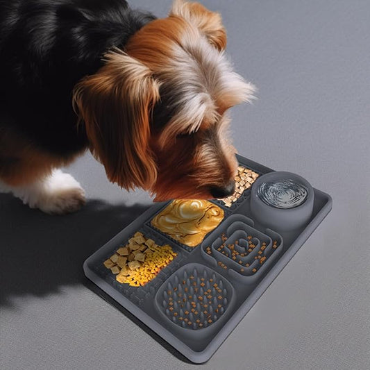 6-in-1 Silicone Pet Feeding Mat,Slow Feeder Bowl with Lick Pad with Non-Slip Suction Base for Cats & Dogs,Healthy Eating,Treat & Water Station,Dishwasher Safe (12x8 Inches)