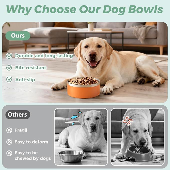 LIHONG Stainless Steel Dog Bowls for Small Meidum Sized Dogs,Dog Food Water Bowls No Slip,Dishwasher Safe(40oz,Orange)