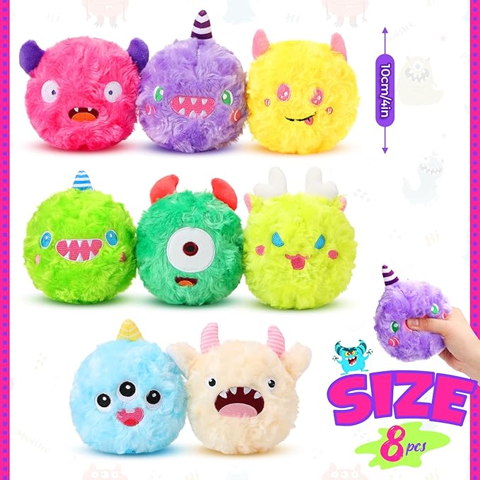 HyDren 8 Pack Plush Squeaky Dog Ball Dog Toys Gift for Small Medium Teething Puppy 2 In1 Fuzzy 4" with Squeakers Cute Funny Chewing Toys for Pet Gift(Cute)