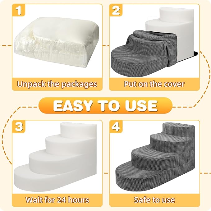 Dog Stairs for Small Dogs, Foam Steps for Small Dogs & Cats, 4 Steps Dog Ramp for High Beds, Couch, Window, Sofa, Pet Stairs with Removable Washable Cover, Non-Slip Sturdy Pet Steps, Gray