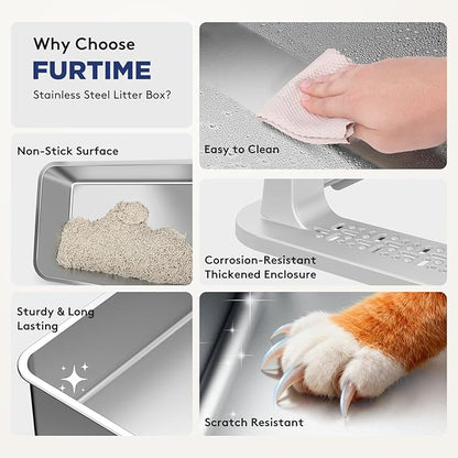 FURTIME 2 Pack Stainless Steel Cat Litter Box with Lid, Metal Kitty Litter Box for Small Cats, Kitten Litter Boxs with Non-Sticky, Anti-Leakage, Easy to Clean, 17"x13"x8.4" (Small)