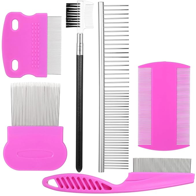 6 Pack Pet Fine Wide Tooth Comb Set Dog Cat Grooming Combs Professional Tear Stain Remover Dematting Comb Stainless Steel Dog Eye Combs for All Types of Small Medium Large Pets