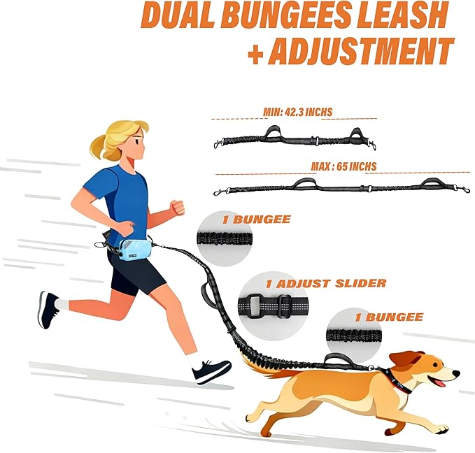 Hands Free Dog Leash with Waterproof Pouch, Adjustment Bungee Leash with Dual Soft Padded Handles for Hiking, Walking, Jogging and Running Your Dogs(Blue)