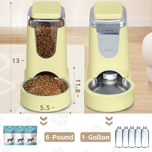 HWONMTE Portable Automatic Cat Feeder and Water Dispenser with Stainless Steel Bowl Dog Gravity Food Feeder and Waterer for Small Medium Pets Puppy Kitten 1 Gallon x 2 (Cream Yellow)