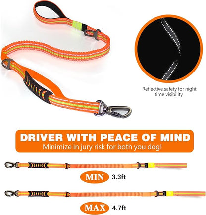No-Pull Shock Absorbing Bungee Leash for Large Dogs, 4-6 FT Heavy Duty Dog Leash with Traffic Handle & Seat Belt Buckle, Reflective, Up to 150 Lbs
