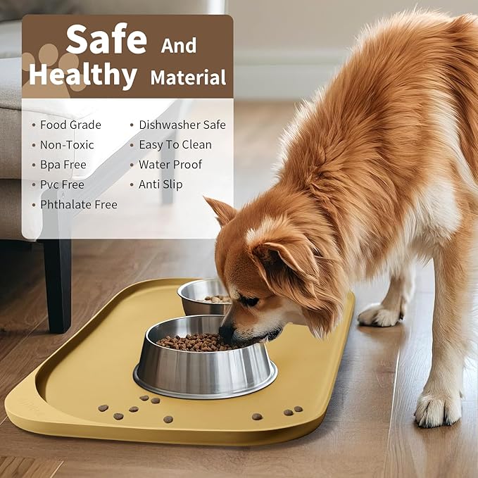 Silicone Pet Food Mat with Raised Edge for Food and Water Bowl, Dog Feeding Mats, Cat Food Trays for Floor Waterproof, Rubber Tray for Dogs and Cats, 19 x 12 x 0.7 Beige