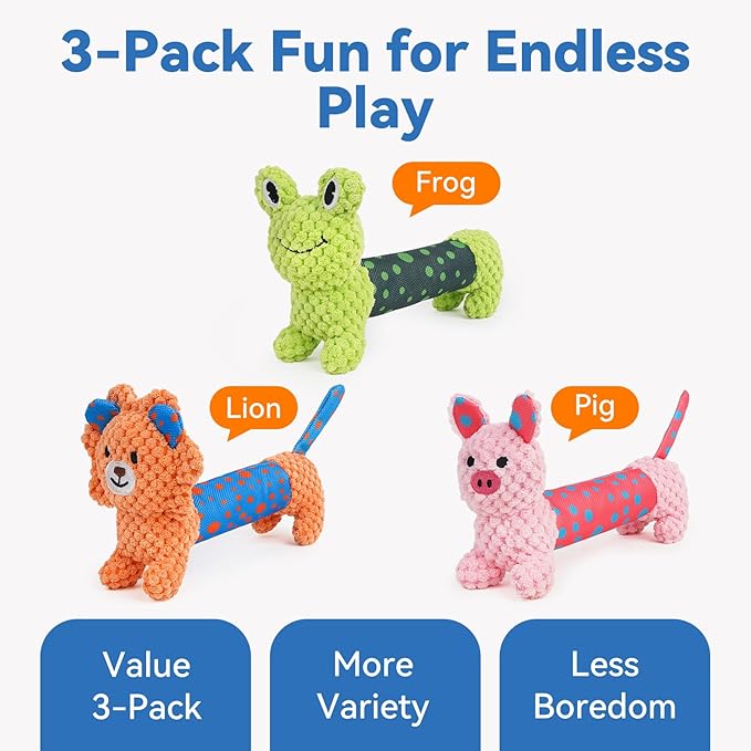Squeaky Dog Toys, Interactive Dog Toys for Indoor Play, Lion Rabbit Fog Dog Toys with Durable Fabric Material for Small Medium Large Dogs - 3pack