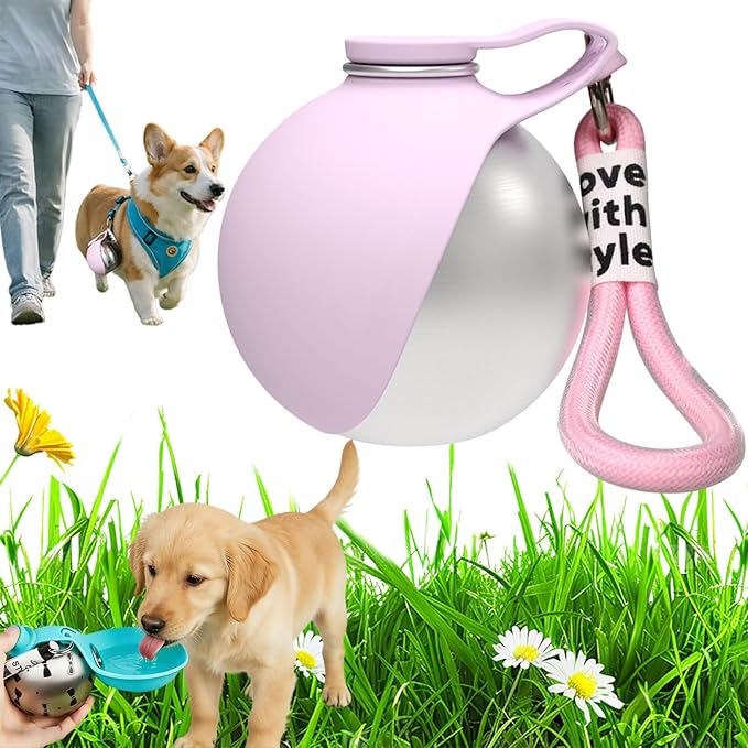 2026 New 2-in-1 Portable Dog Water Bottle for Small Dogs, Foldable Pet Water Bottle, 304 Stainless Steel Compact Dog Drinking Bottles Leak Proof & Silicone Bowl for Walking Hiking (Pink A)