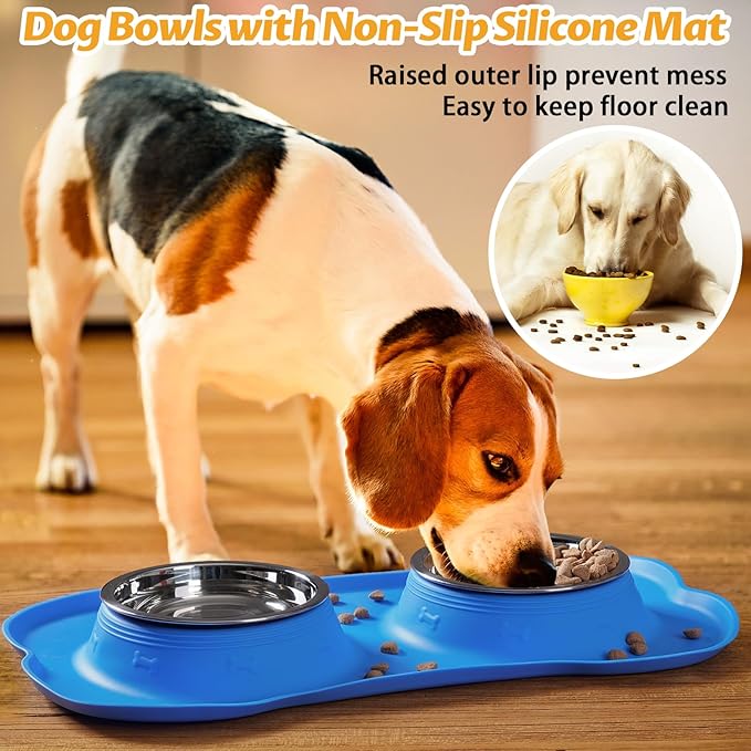 Hubulk Pet Dog Bowls 2 Stainless Steel Dog Bowl with No Spill Non-Skid Silicone Mat + Pet Food Scoop Water and Food Feeder Bowls for Feeding Small Medium Large Dogs Cats Puppies (Medium, Blue)
