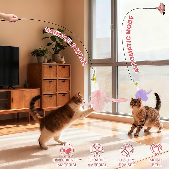 Walfront Indoor Interactive Cat Toy Wand with 4PCS Feather Attachments & Suction Base - 2 Play Modes, Solo Play & Owner Interaction, Boost Jumping & Hunting Skills, Fun & Engaging for Cats