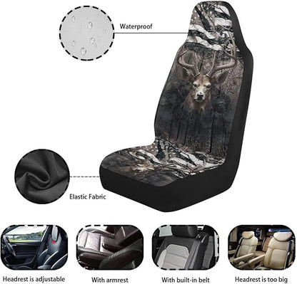 Car Seat Covers 2 Pcs, Waterproof Universal Camo American Flag Deer Hunter Front Seat Protector, Easy Installation Car Interior Accessories Universal for Cars Truck SUV Van