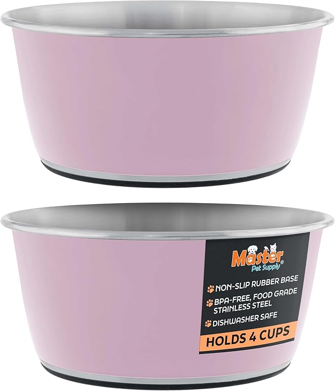 Master Pet Supply Stainless Steel Dog Bowls Set of 2 (32 Oz Each) with Non-Slip Rubber Base - Rose Quartz - Basic Dog Food Bowl Water & Food Bowls for Small Medium Large Dogs & Cats, Metal Dish