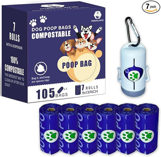 Compostable Dog Poop Bags BPI Certified Biodegradable Pet Waste Bags Leak-Proof Thickened and Opaque Eco Design (7 rolls & a dispenser)