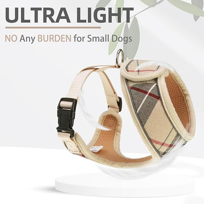 PUPTECK Soft Mesh Dog Harness Small Sized and Leash Set Pet Puppy Cat Comfort Padded Vest No Pull Harnesses, Beige Plaid, Openable Neck, New S