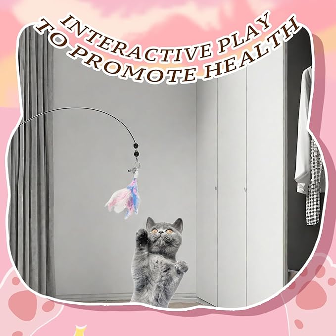 BOROLA 3 PCS Cat Feather Teaser Replacement Heads, Cats Wand Replacement Feathers with Bell, Interactive Cat Toy Attachments for Indoor Cats, DIY Cat Accessories(White, Black, Multi-Colored)