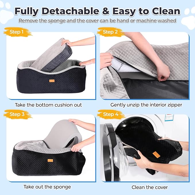 Dog Car Seat for Large Dogs up to 60 lbs or 2 Small Dogs with 4" Memory Foam, Back Seat Medium Pet Booster Seat with Triple Safety Belts, Adjustable Leashes, Detachable/Washable (Black/Gray, Large)