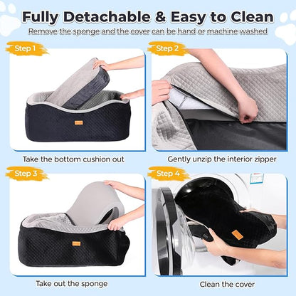 Dog Car Seat for Large Dogs up to 60 lbs or 2 Small Dogs with 4" Memory Foam, Back Seat Medium Pet Booster Seat with Triple Safety Belts, Adjustable Leashes, Detachable/Washable (Black/Gray, Large)