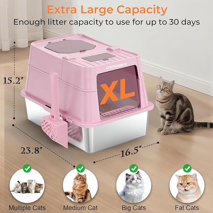 URPOWER Stainless Steel Cat Litter Box with Lid 110° Flip-Top Extra Large Enclosed Litter Box Non-Sticky Metal Pan with High Sided & Scoop, Odor Free, Front & Top Entry, Anti-Leakage, Easy Cleaning