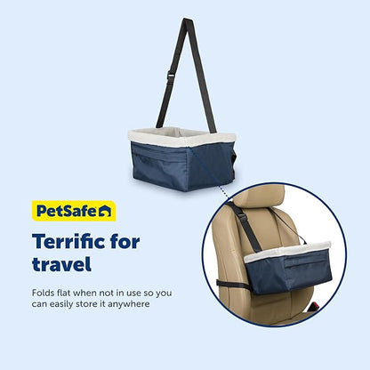 PetSafe Happy Ride Booster Seat for Dogs - Open Road Comfort - Safe Tether System - Zipper Pouch Dog Seat - Machine Washable Fleece Liner - Easy Install Design - Navy - Up to 12 lb