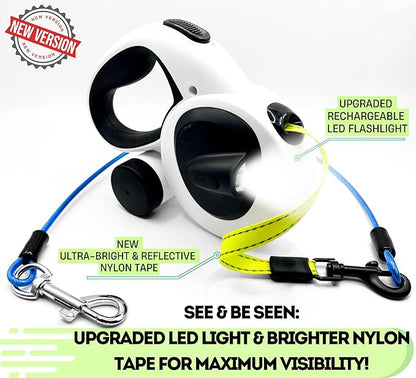 Snuggle Paws Retractable Dog Leash 16ft – Heavy Duty All-in-One Dog Leash with LED Flashlight, Poop Bag Holder, Chew Proof Steel Cable & Reflective Tape – Size L
