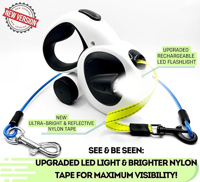 Snuggle Paws Retractable Dog Leash 16ft – Heavy Duty All-in-One Dog Leash with LED Flashlight, Poop Bag Holder, Chew Proof Steel Cable & Reflective Tape – Size S