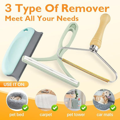 Pet Hair Removal Tool 3 Pack Dog Cat Hair Remover Carpet Scraper Rake Fur Removal Brush Lint Remover Shaver for Car Furniture Couch Green