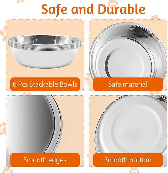kathson 6 PCS Stainless Steel Dog Bowls, Replacement Metal Pet Puppy Food Water Bowl Set Suit for Indoor, Travel, Kennel, Dog Feeding Dishes for Small, Medium, Large Dogs, Dishwasher Safe (6.9 Inch)